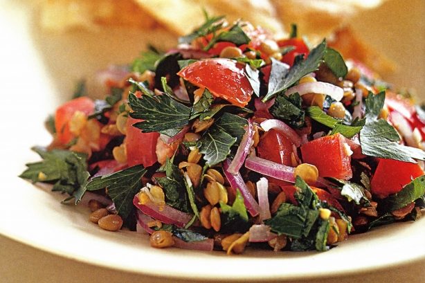 Lentil & Tomato Salad with Garlic Lebanese Bread